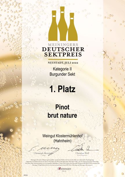 1. Platz Meininger Sektpreis Pinot brut nature